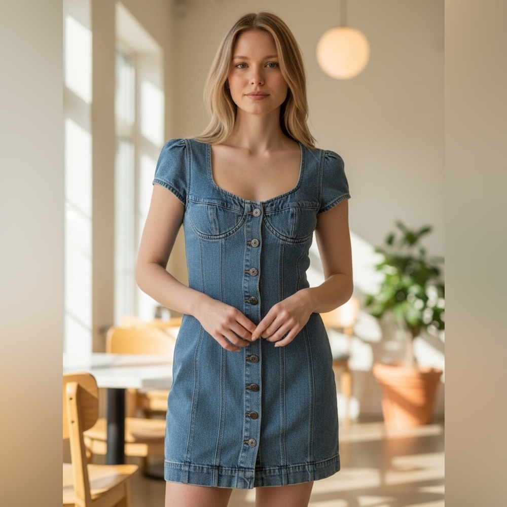 Lioness Denim Corset Mini Dress Large Button Front Puff Sleeve Y2K